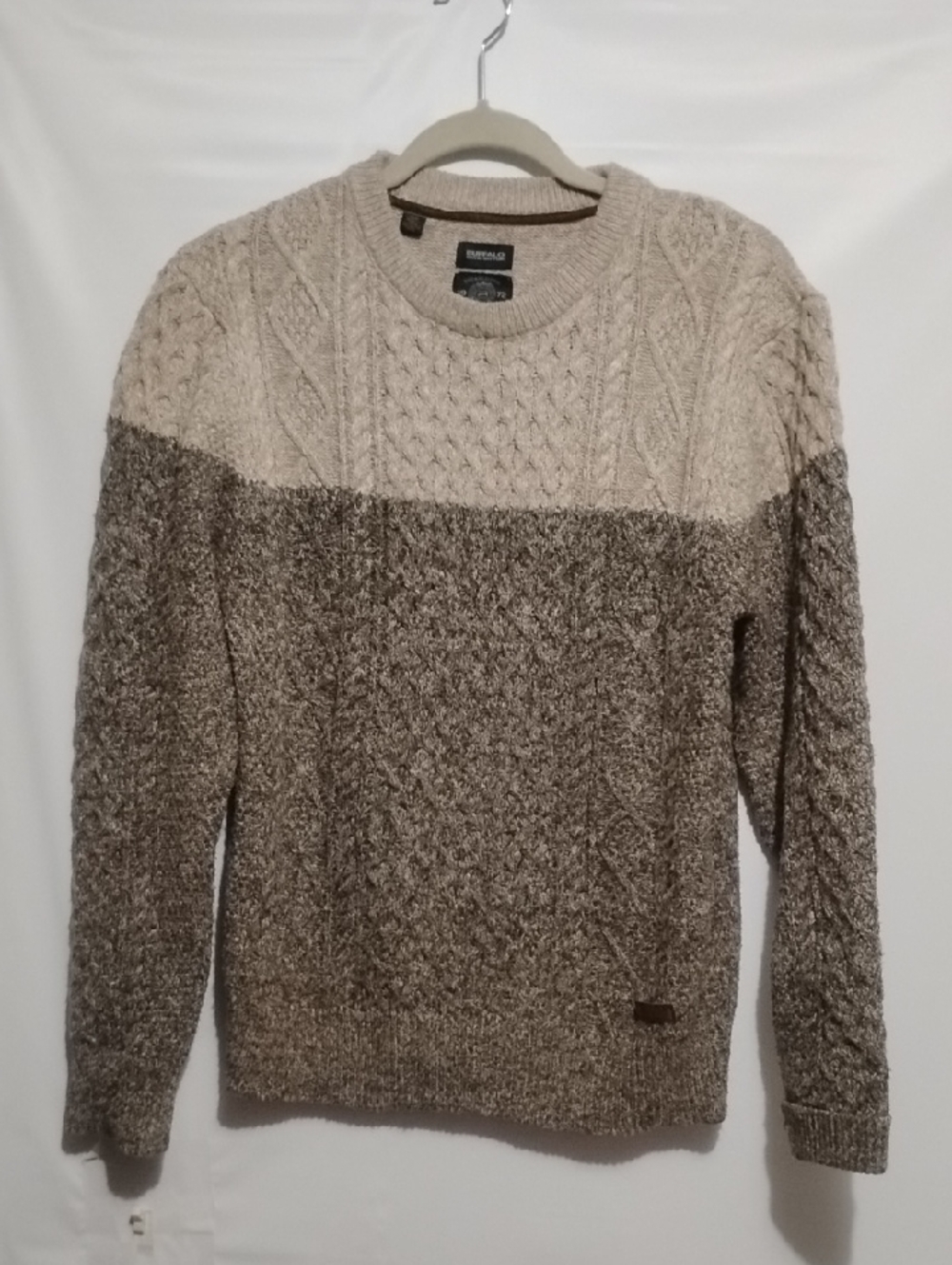 BUFFALO DAVID BITTON Two-Tone Cable Crewneck Sweater - Light Beige and Taupe